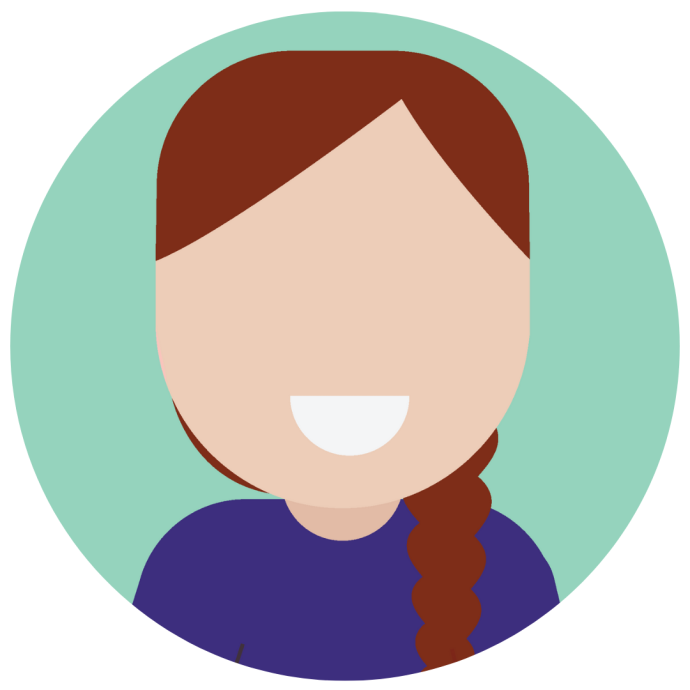 Illustration of a white woman with brown hair in a plait smiling 