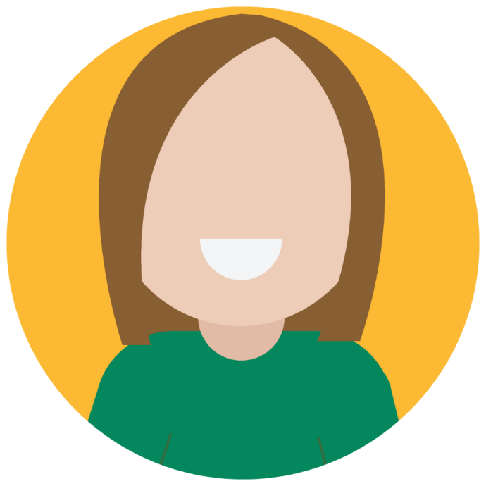 Sally is a white woman with shoulder length brown hair. She is wearing a green top with a yellow background.