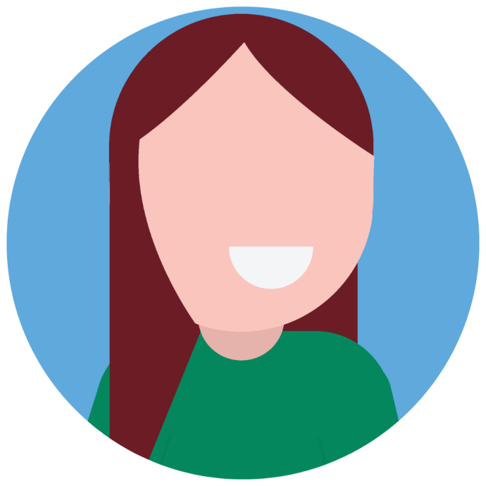 Molly is a white woman with long brown hair wearing a green top.